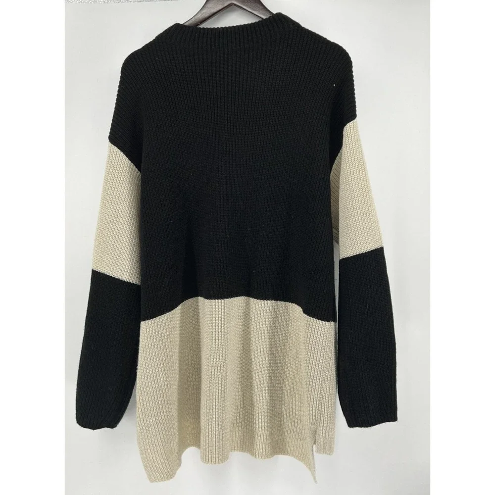 Karl‎ Lagerfeld Sweater Black Ivory Metallic Colorblock Hi-Lo Knit  Size XL